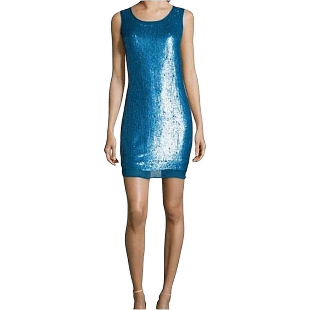 NWT Shoshanna dress sequin 100%‎ silk teal blue mini NYE Holiday Sleeveless Sz 6